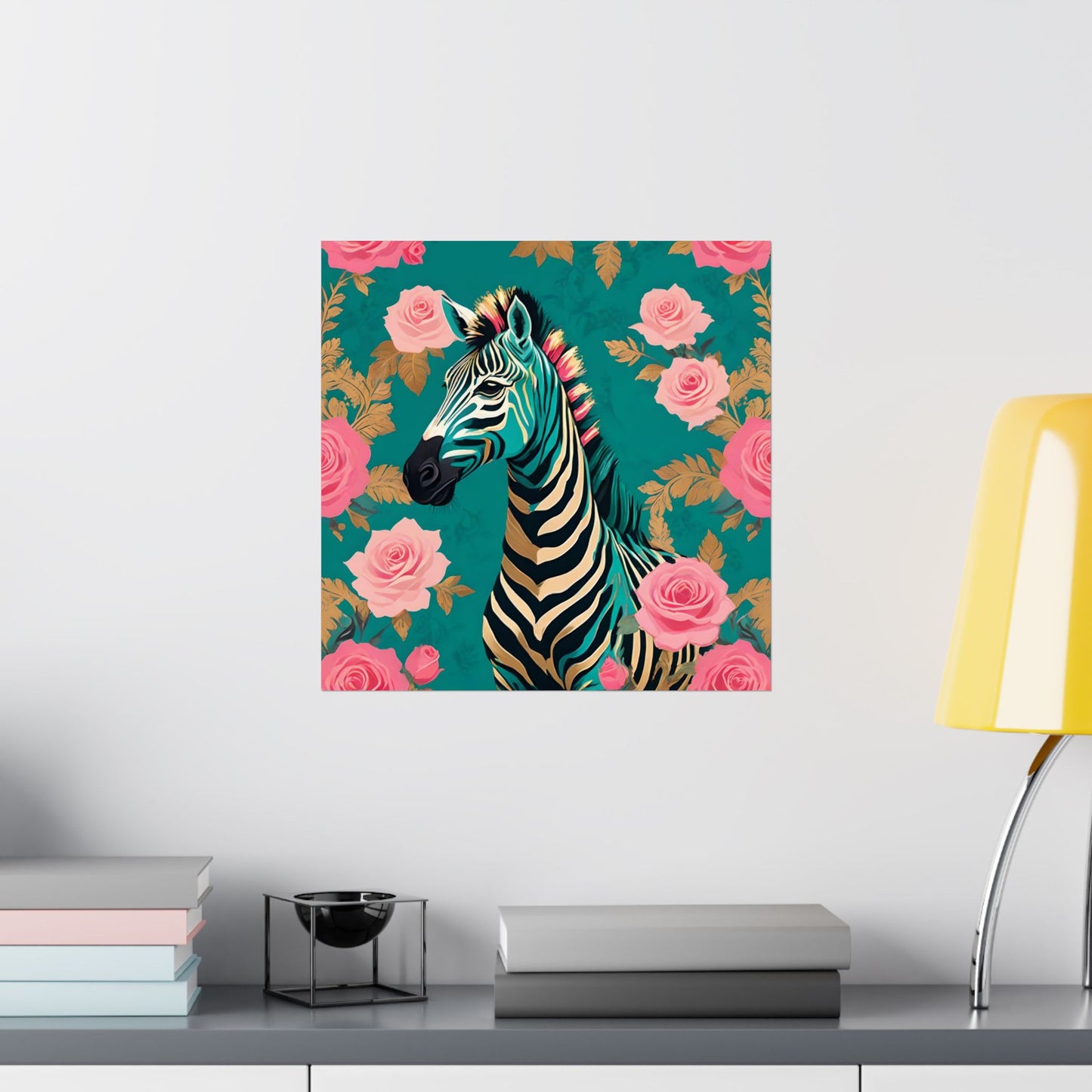 Floral Art Poster - Elegant Matte Vertical Wall Decor - Teal & Gold Zebra & Roses