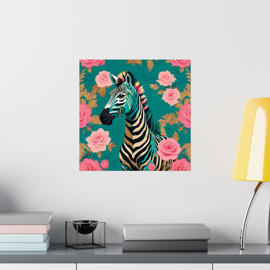 Floral Art Poster - Elegant Matte Vertical Wall Decor - Teal & Gold Zebra & Roses