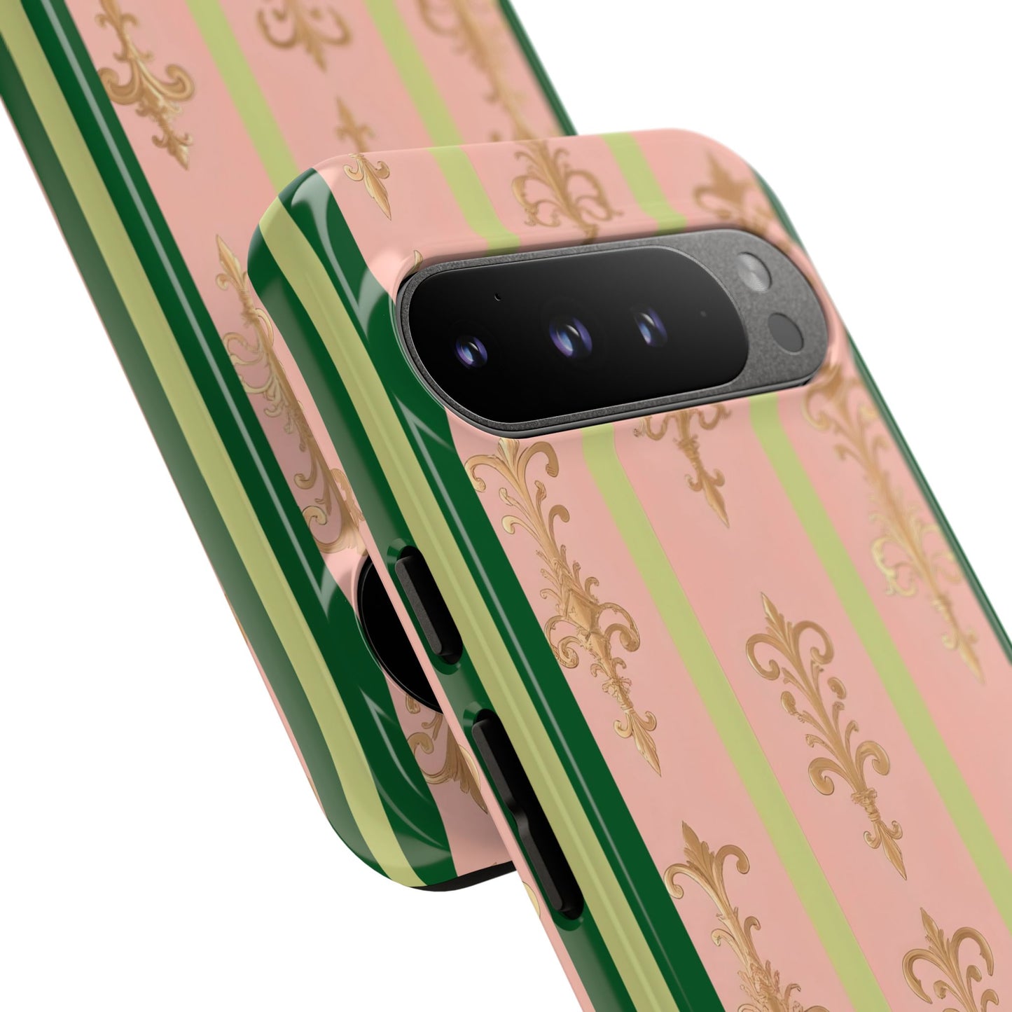 Elegant Floral Motif Phone Case - Tough Cases with Vintage Design - Lime Green & Pink Striped Damask