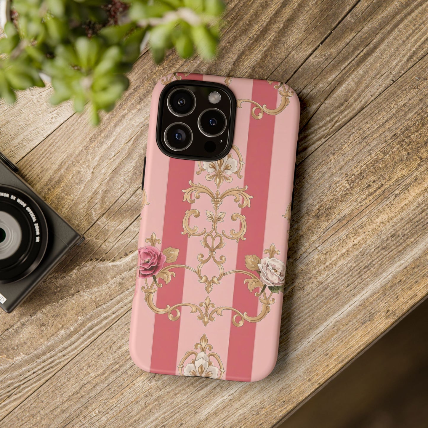 Elegant Floral Motif Phone Case - Tough Cases with Vintage Design - Pink Striped Roses & Damask