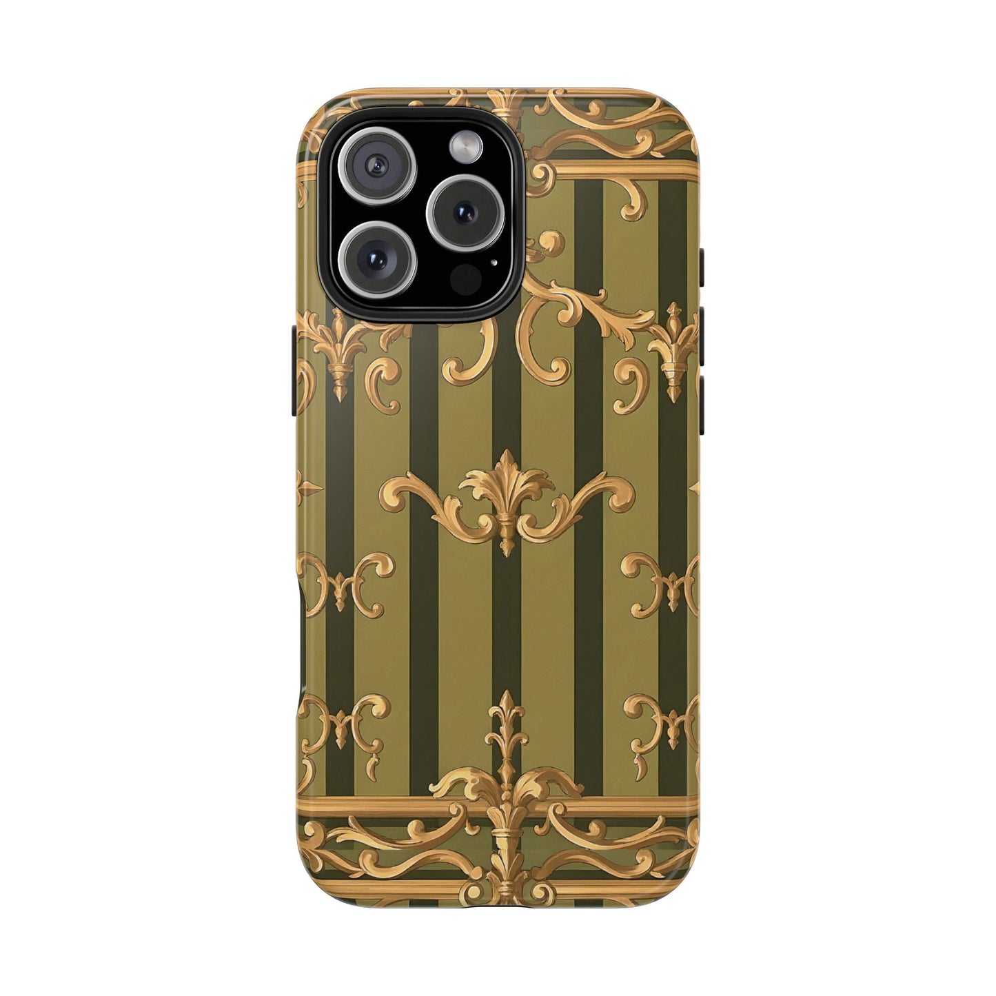 Elegant Vintage Phone Case - Tough Protection with Classy Design, Stylish Phone Cover for Fashion Lovers - Olive Green Striped Rococo
