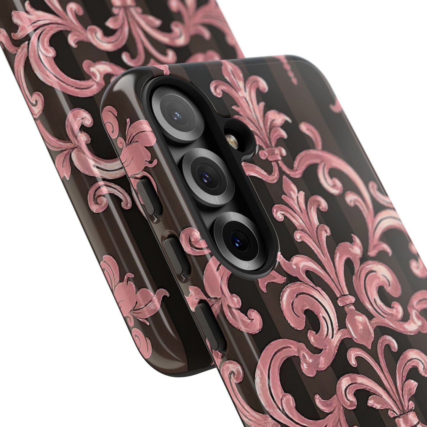 Elegant Floral Motif Phone Case - Tough Cases with Vintage Design - Brown Striped Mauve Damask