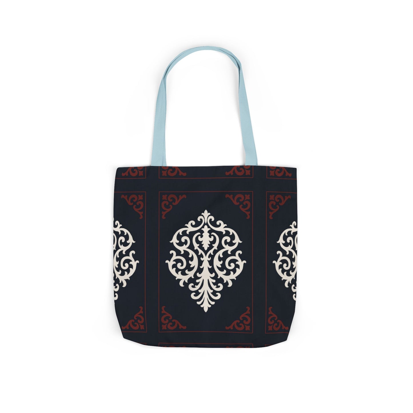 Dusk Blue-Maroon & White Baroque Pattern Canvas Tote Bag — Elegant Dusk Blue & White Reusable Market Bag