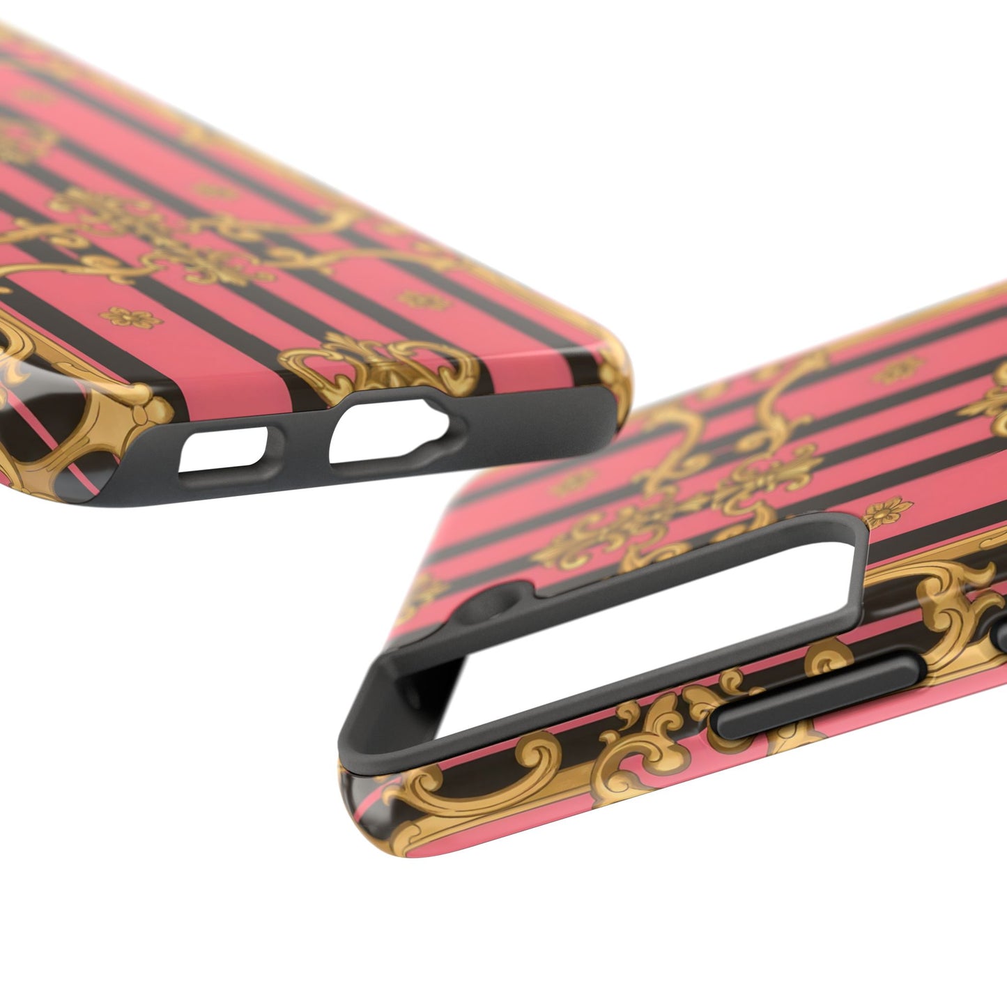Elegant Baroque Tough Phone Cases, Stylish Protection, Gift for Her, Trendy Accessory - Pink & Black Striped Gold Baroque