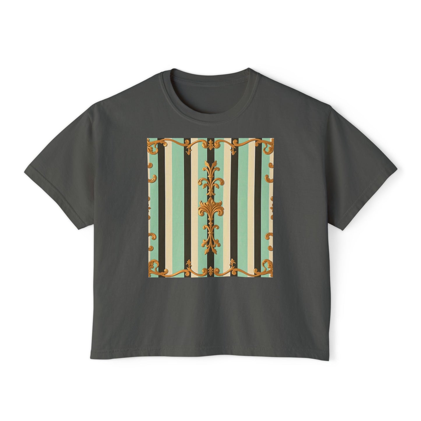Boho Women's Boxy Tee, Casual Crop Top, Summer Tee, Festival Shirt, Everyday Wear, Vintage Style - Black & Matte Mint Striped Rococo
