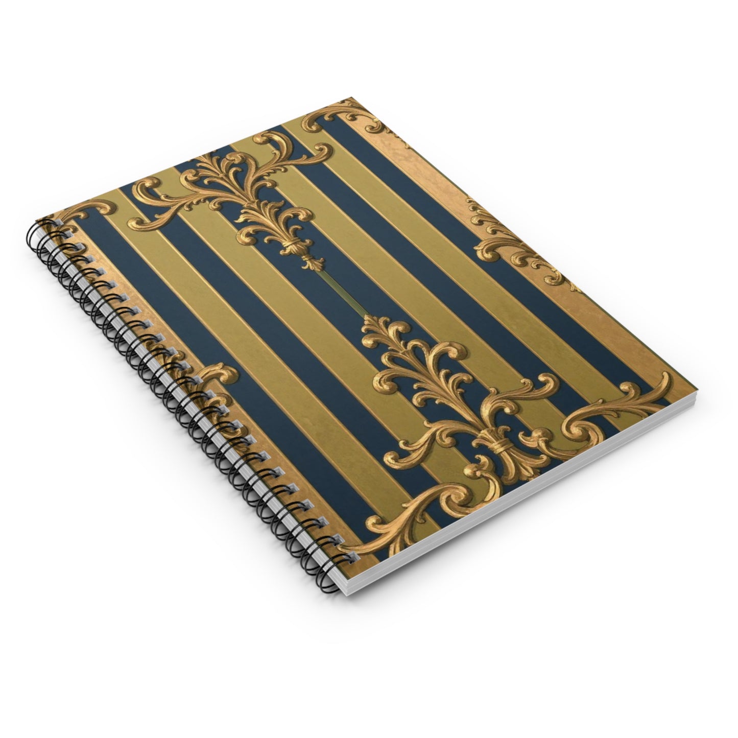 Elegant Midnight Blue & Olive Striped Gold Baroque Spiral Notebook - Ruled Lines, Luxury Journaling, School Essentials, Vintage Design