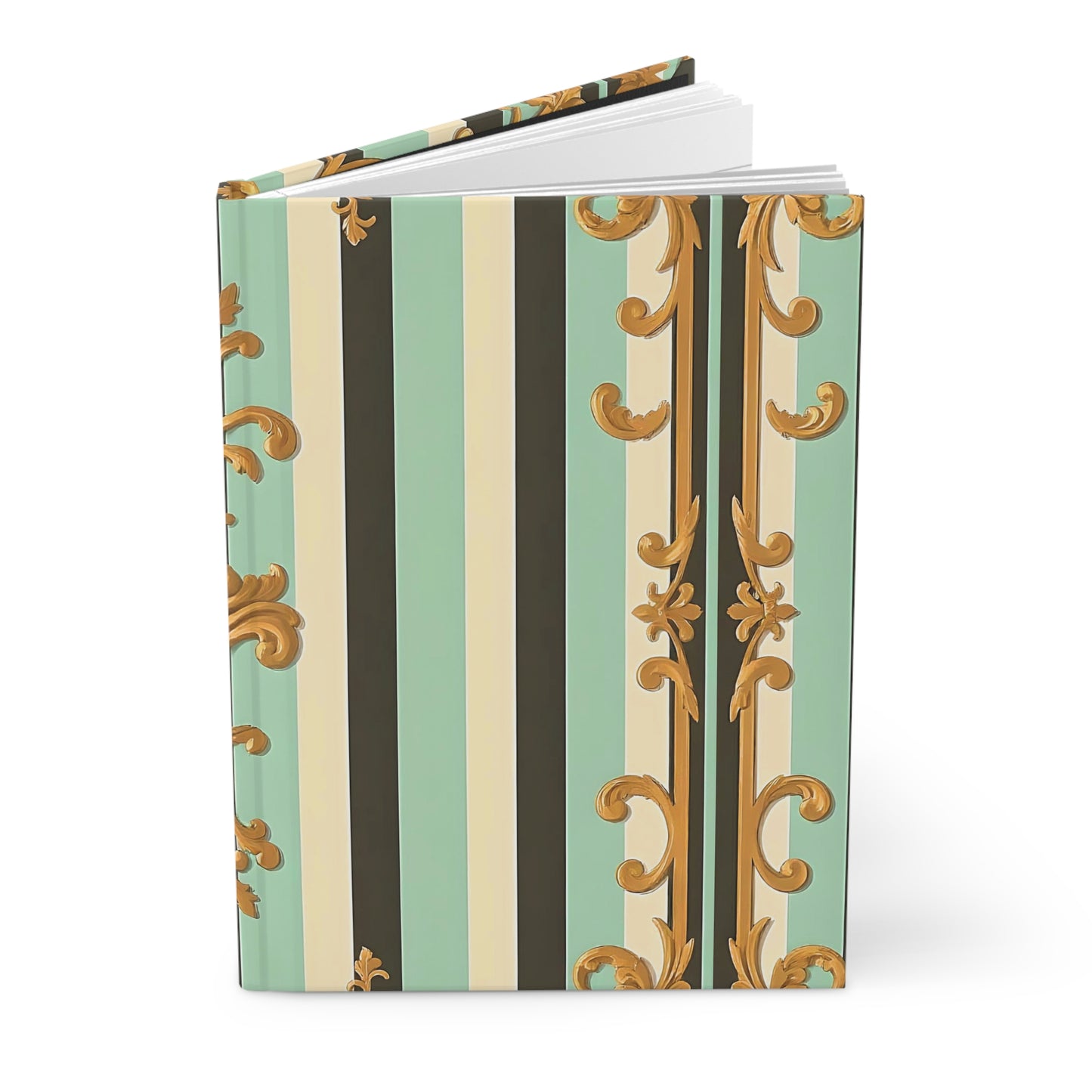 Elegant Striped Hardcover Journal | Vintage-Inspired Notebook for Writing, Sketching, Gift for Writers - Black & Matte Mint Striped Rococo