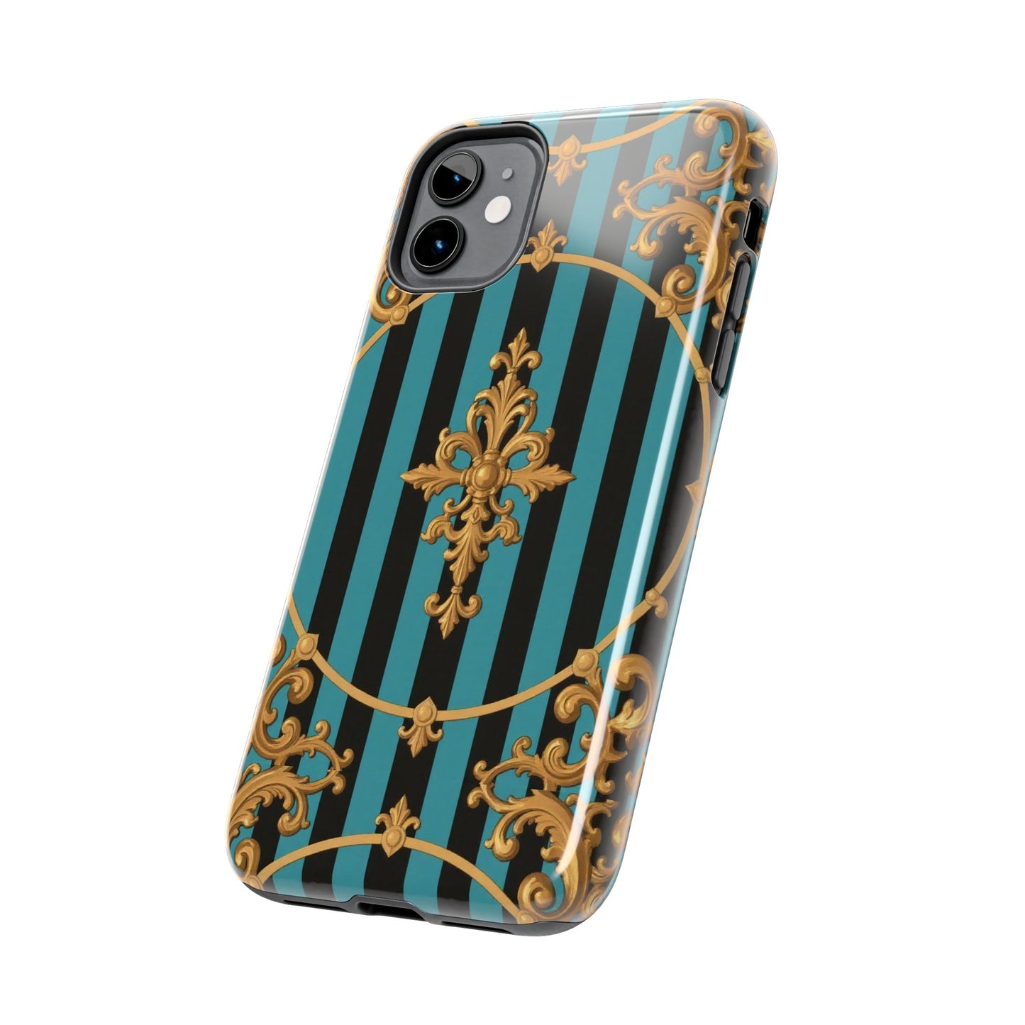 Elegant Turquoise & Black Striped Gold Baroque Phone Case, Tough Phone Cases for Fashion Lovers, Gift for Her, Luxury Accessories