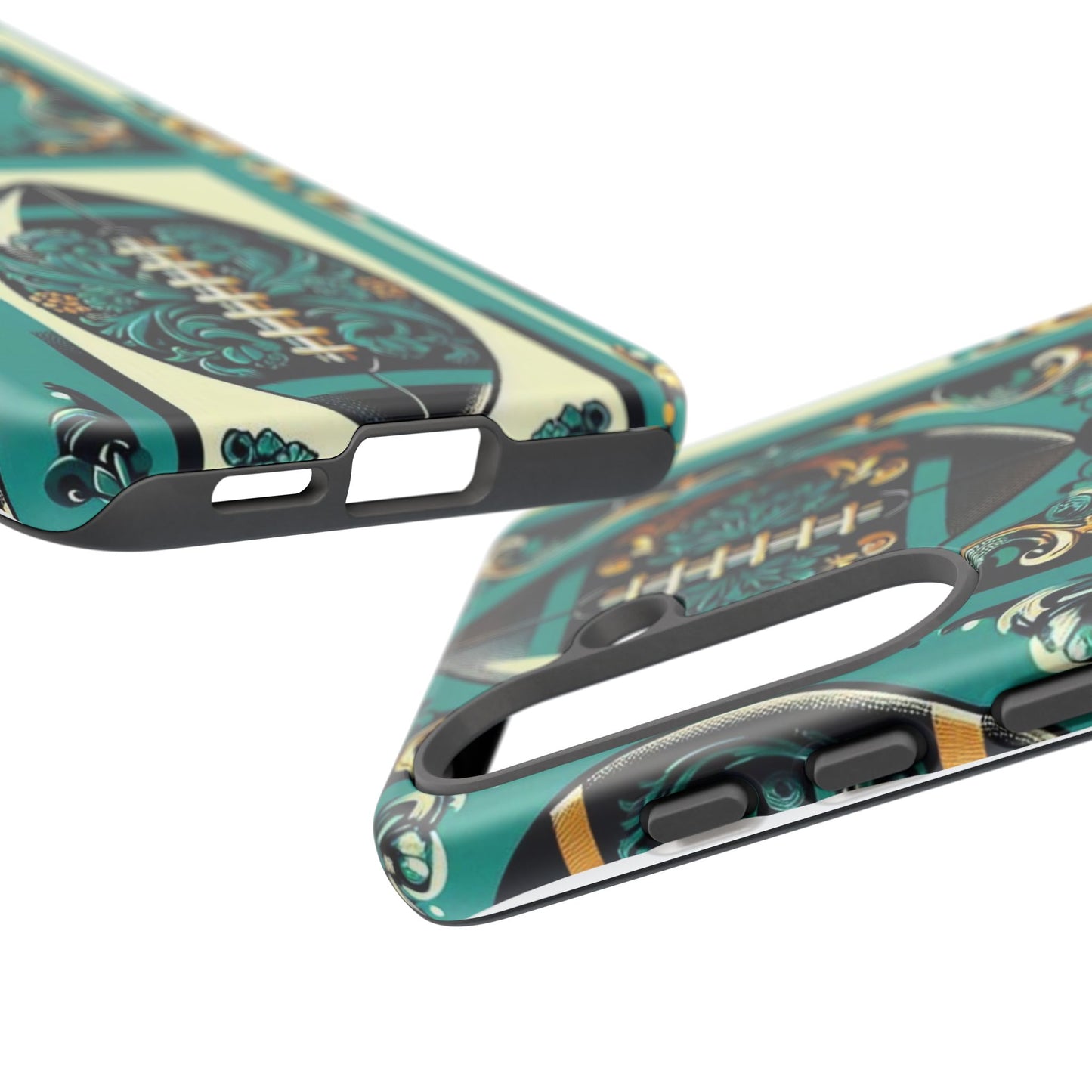 Elegant Floral Motif Phone Case - Tough Cases with Vintage Design -  Damask Teal, Gold & Black Footballs
