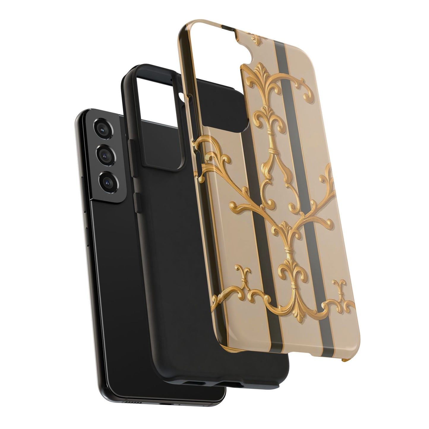 Elegant Vintage Tough Phone Case, Stylish Phone Cover, Boho Accessories, Perfect Gift for Her - Beige Striped Gold Rococo