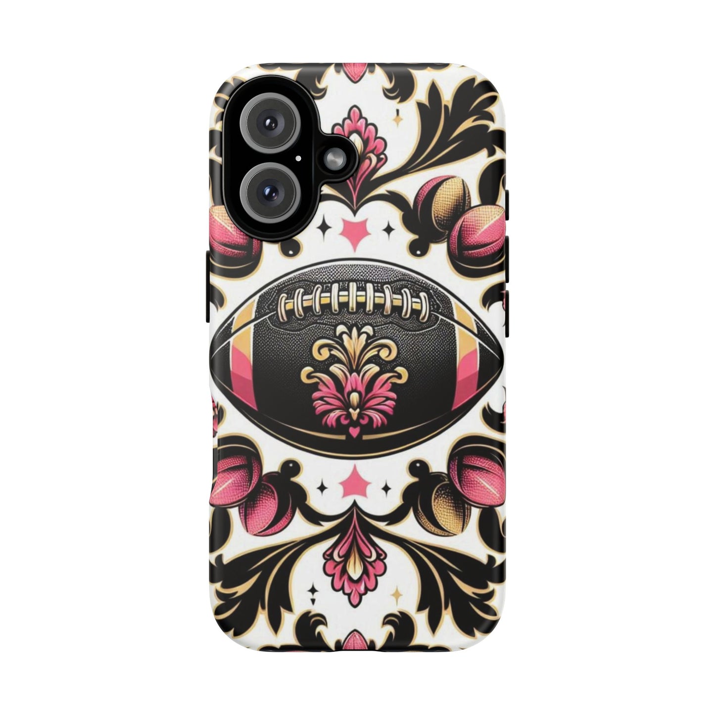 Elegant Floral Motif Phone Case - Tough Cases with Vintage Design - Damask White, Pink Gold & Black Football