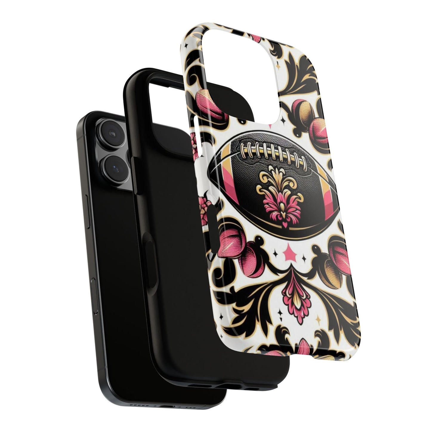 Elegant Floral Motif Phone Case - Tough Cases with Vintage Design - Damask White, Pink Gold & Black Football