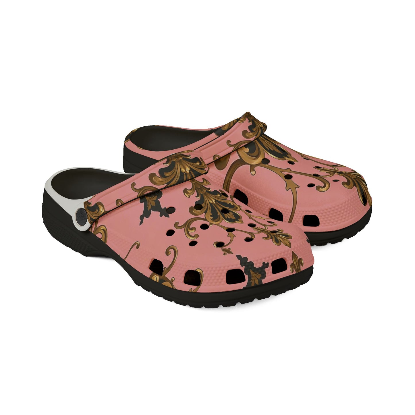Stylish Floral EVA Clogs - Comfortable Slip-Ons, Trendy Footwear for Home - Pink, Black & Gold Rococo
