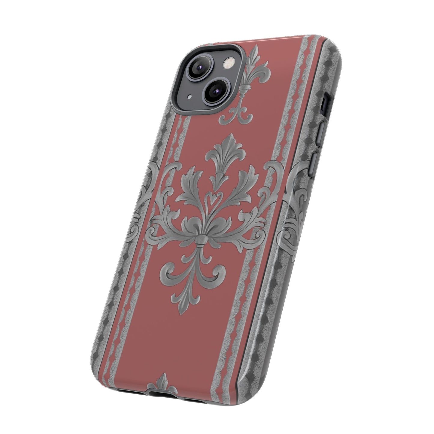 Elegant Floral Phone Case - Tough Cases for Stylish Protection - Gray & Mauve Striped Baroque