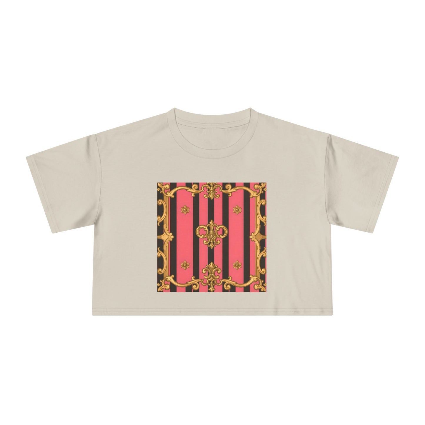 Chic Vintage-Inspired Women's Crop Tee, Stylish Summer Top, Trendy Fashion Tee, Baroque Casual Wear - Pink & Black Striped Gold Baroque