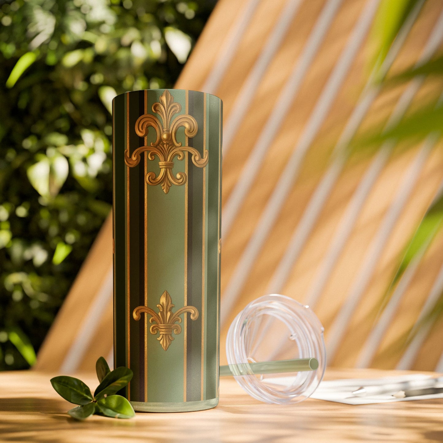 Elegant Green Striped Skinny Tumbler, 20oz Travel Mug, Reusable Cup, Perfect for Gifts, Parties, Home Decor - Green Striped Gold Baroque