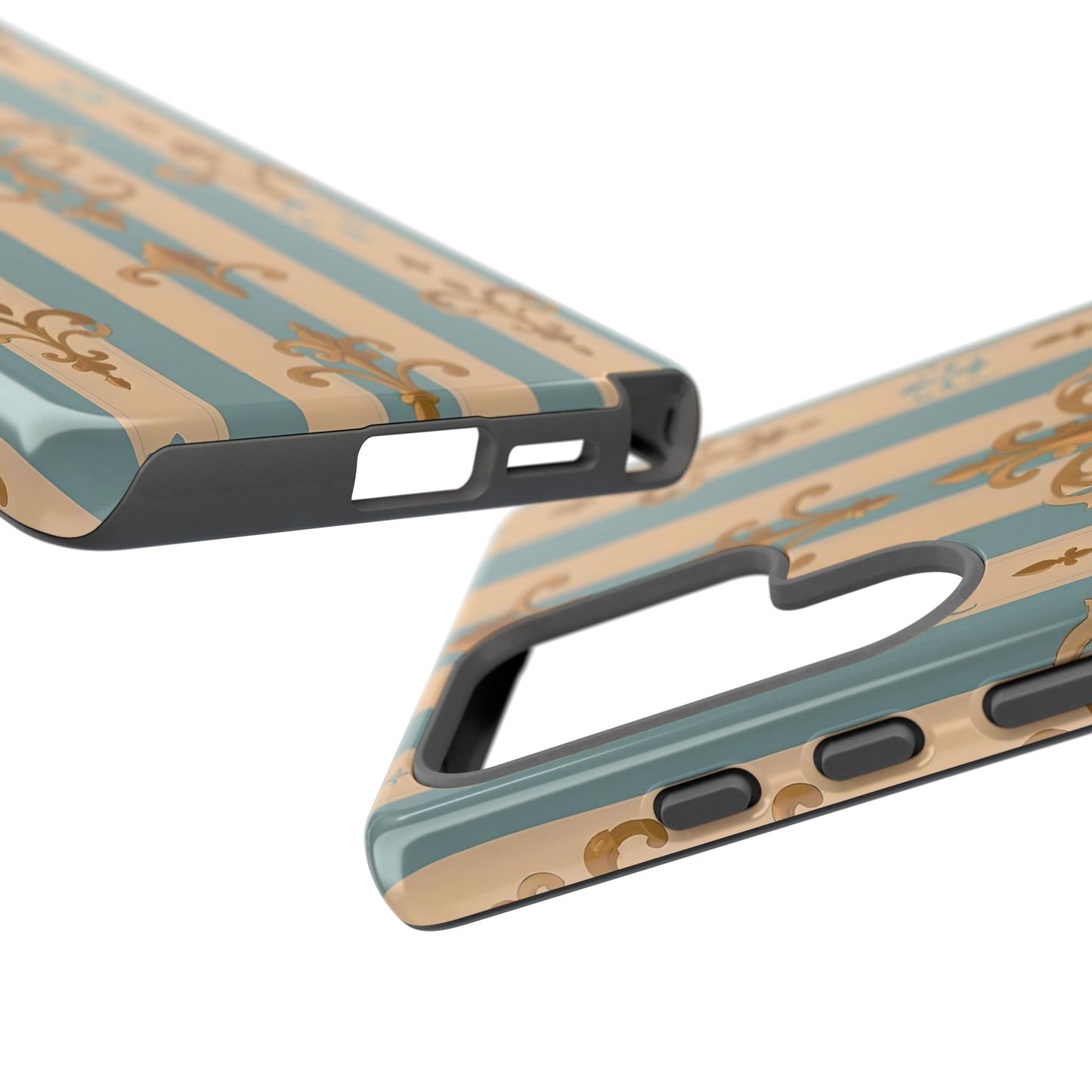 Elegant Floral Motif Phone Case - Tough Cases with Vintage Design -  Beige & Sky Blue Striped Gold Damask