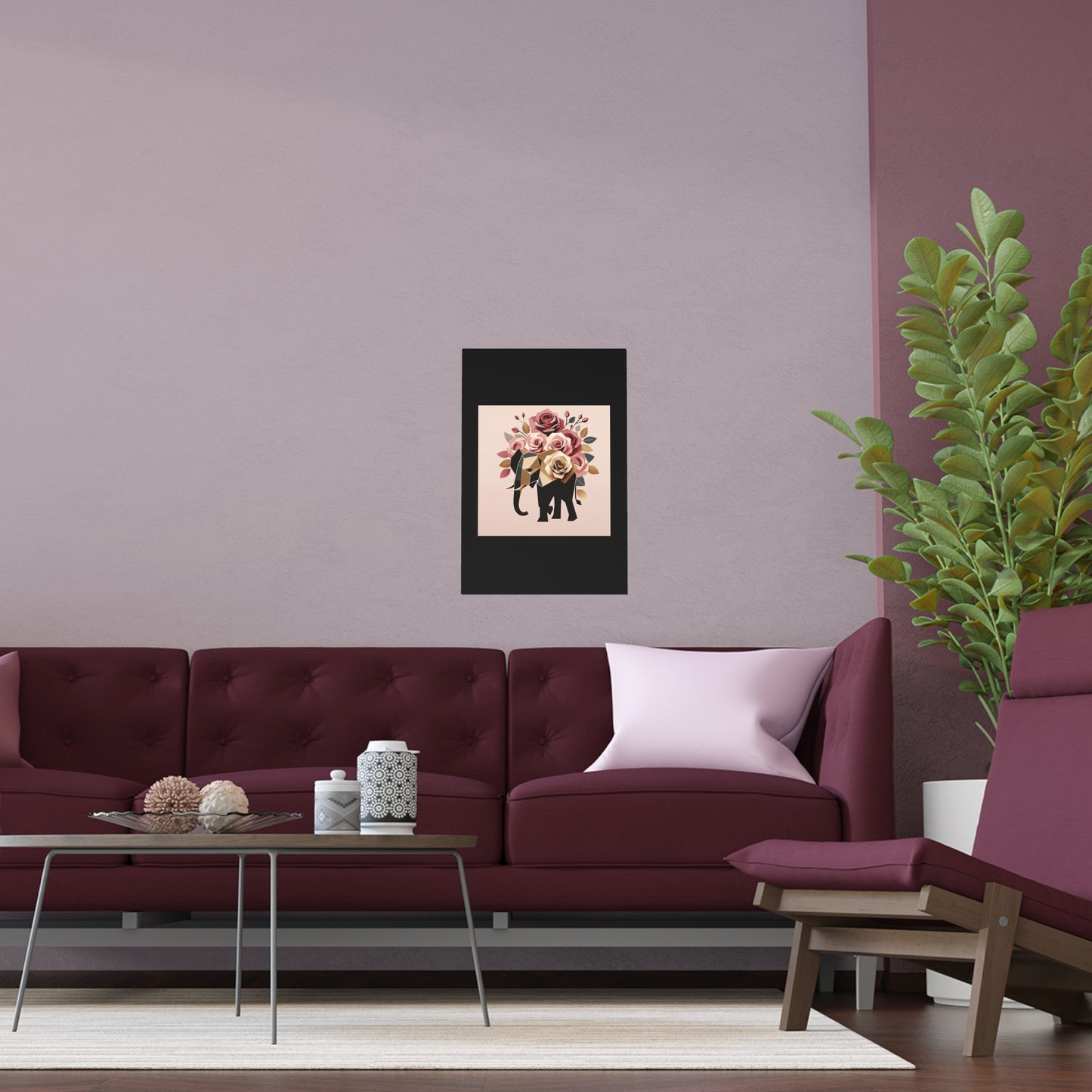 Elegant Floral Silk Poster - Indoor/Outdoor Wall Art for Home Decor - Black & Gold Elephant & Roses
