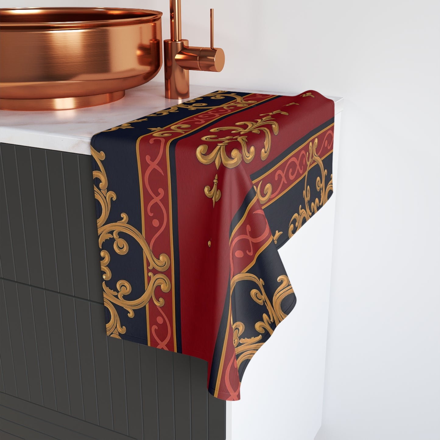 Elegant Floral Hand Towel - Luxurious Bath Decor, Elegant Gift, Kitchen Towel, Home Decor, Housewarming - Midnight Blue & Dusk Red Gold Baroque