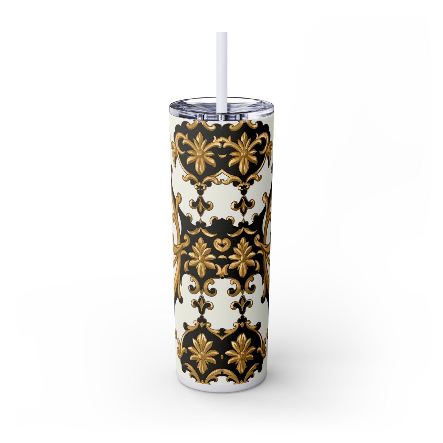 Elegant Gold Floral Skinny Tumbler, 20oz | Insulated Cup for Hot & Cold Drinks, Travel Mug, Gift for Mom, Stylish Drinkware - Black & Gold Rococo