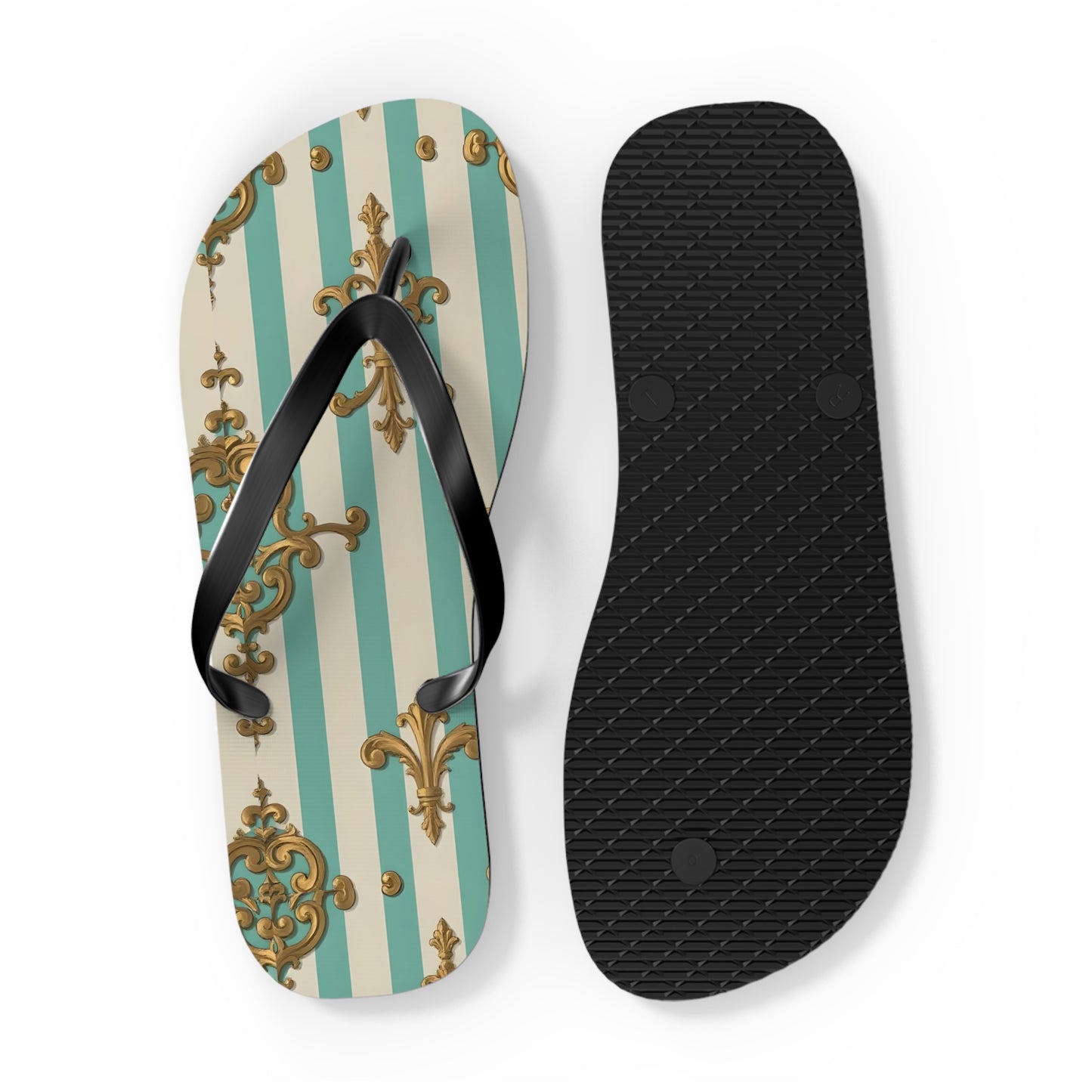 Chic Floral Flip Flops - Summer Sandals, Beach Footwear, Vacation Ready, Boho Style, Gift for Her - Matte Green Striped Rococo