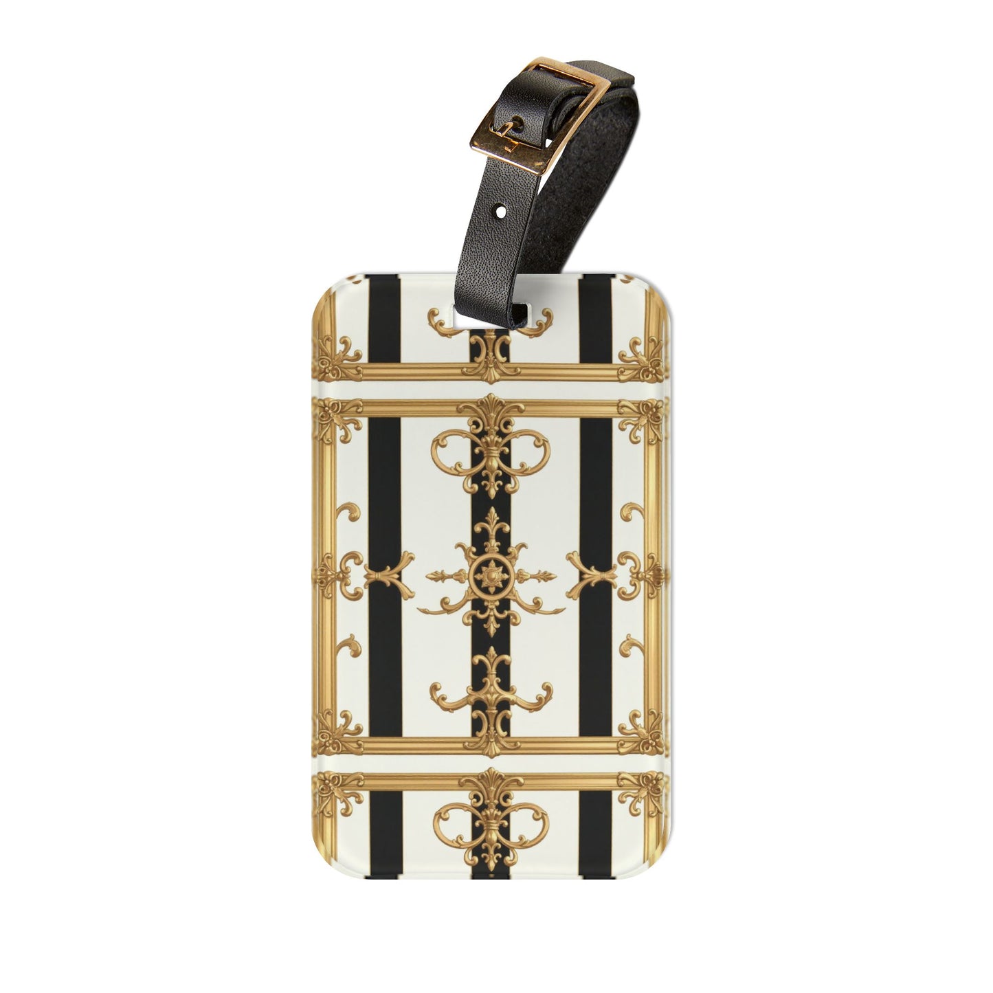 Elegant Gold Striped Luggage Tag, Travel Accessory, Chic Baggage Identifier, Gift for Travelers - Black & White Striped Gold Baroque