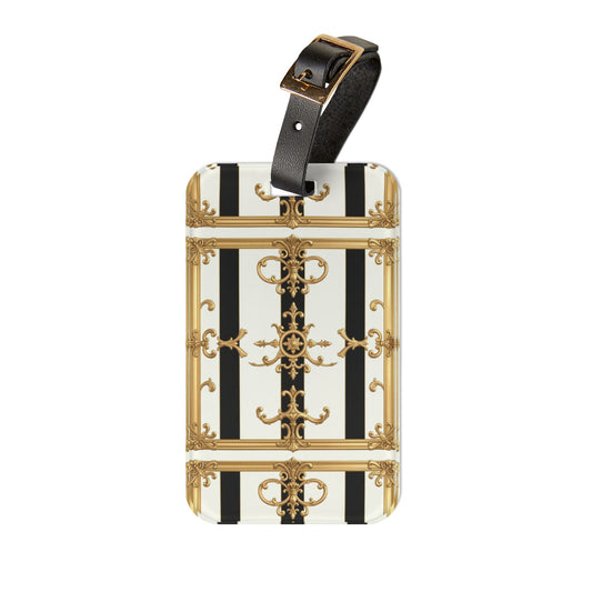 Elegant Gold Striped Luggage Tag, Travel Accessory, Chic Baggage Identifier, Gift for Travelers - Black & White Striped Gold Baroque
