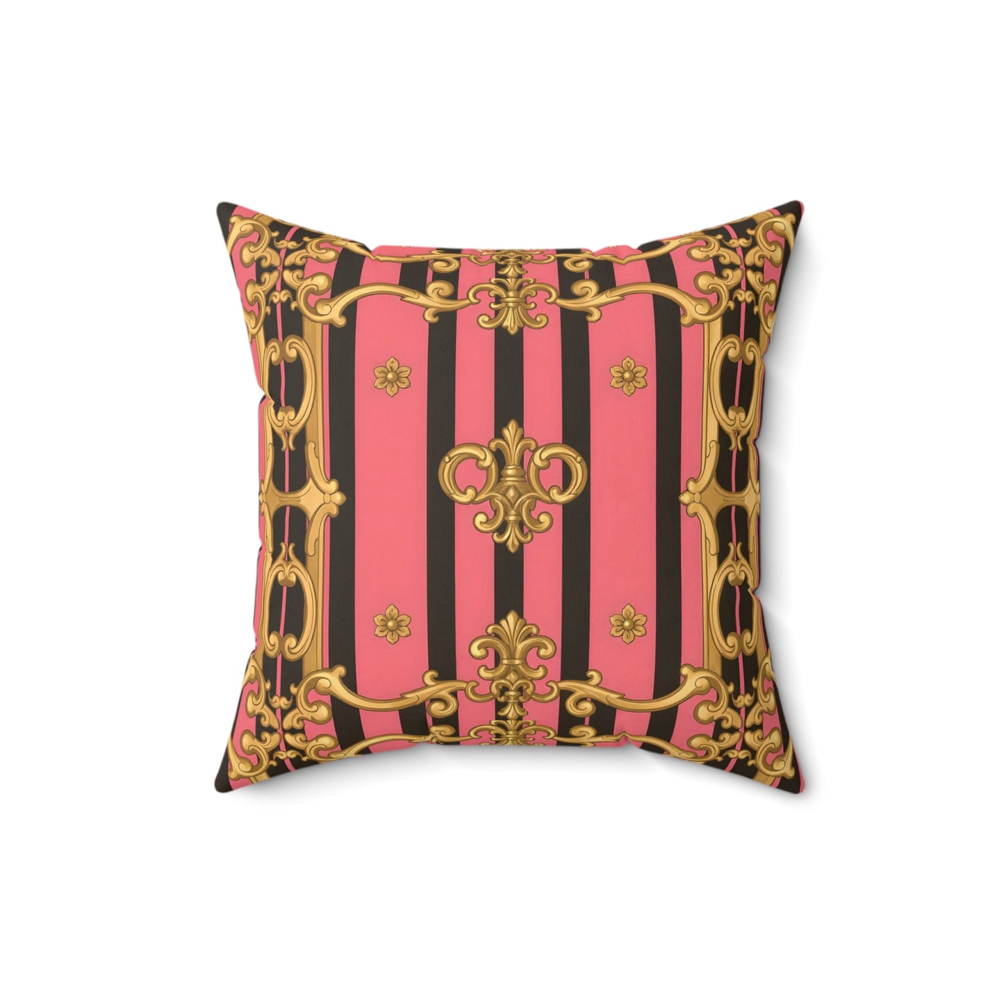 Ornate Faux Suede Pillow, Baroque Decor, Couch Cushion, Glamorous Throw Pillow - Pink & Black Striped Gold Baroque