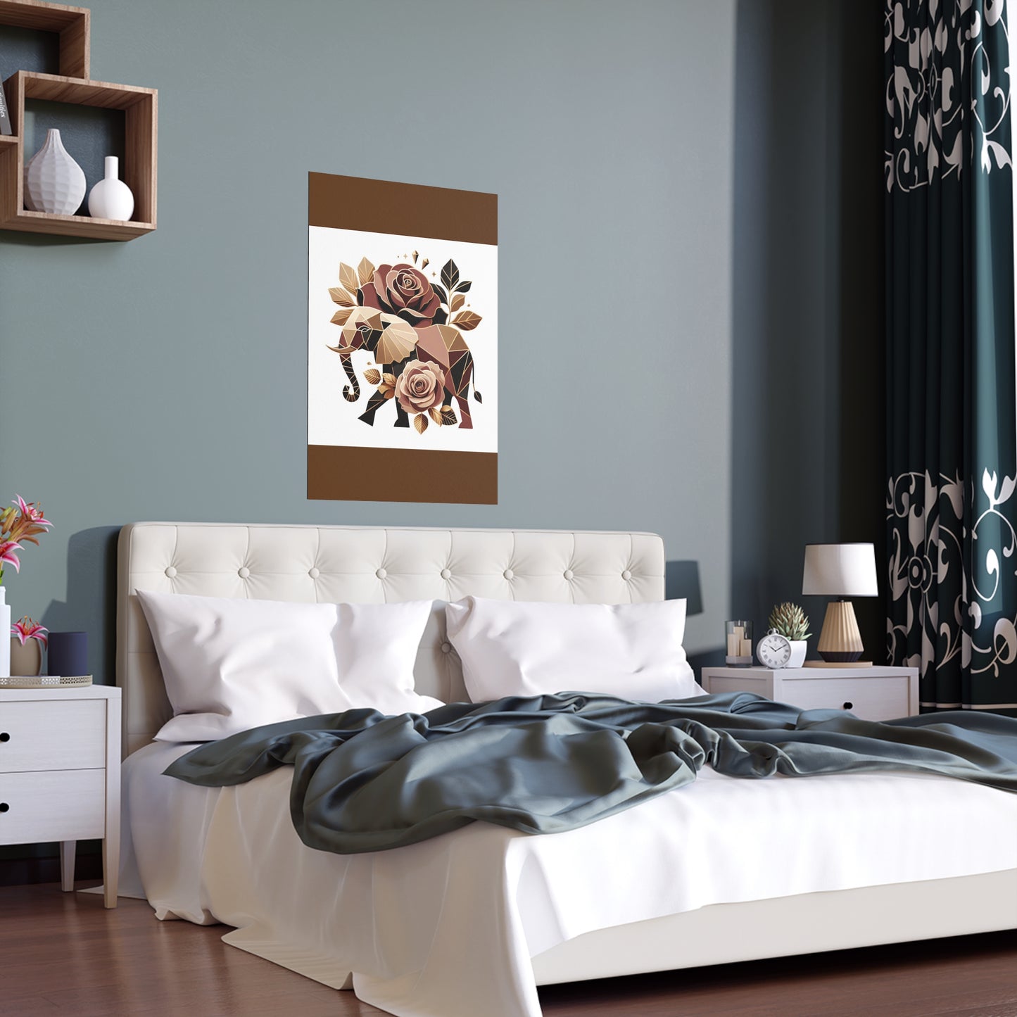 Elegant Floral Silk Poster - Indoor/Outdoor Wall Art for Home Decor - Brown & Gold Elephant & Roses