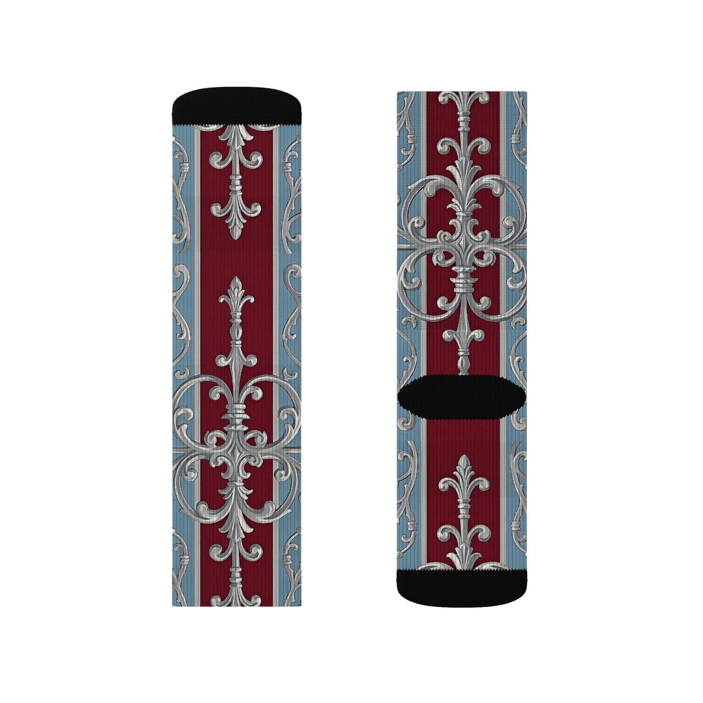 Elegant Sublimation Socks - Vintage Floral Design for Luxe Style - Ice Blue & Burgundy Striped Baroque