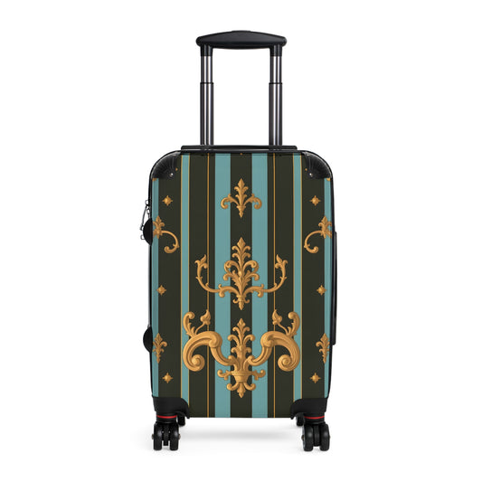 Elegant Vintage Striped Suitcase, Travel Luggage, Stylish Travel Gear, Unique Gift for Travelers, Sturdy Cabin Bag - Black & Turquoise Striped Baroque