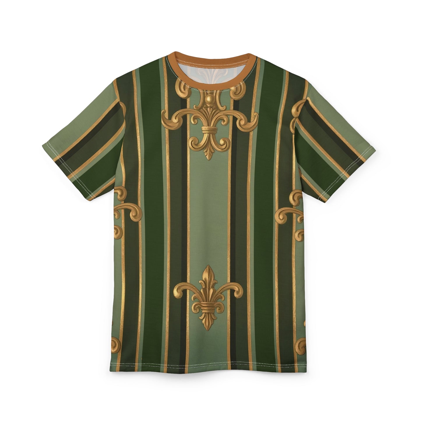 Elegant Striped Unisex Tee, Chic Casual Wear, Stylish Everyday Outfit, Unique Gift for Fashion Lovers - Green Striped Gold Baroque