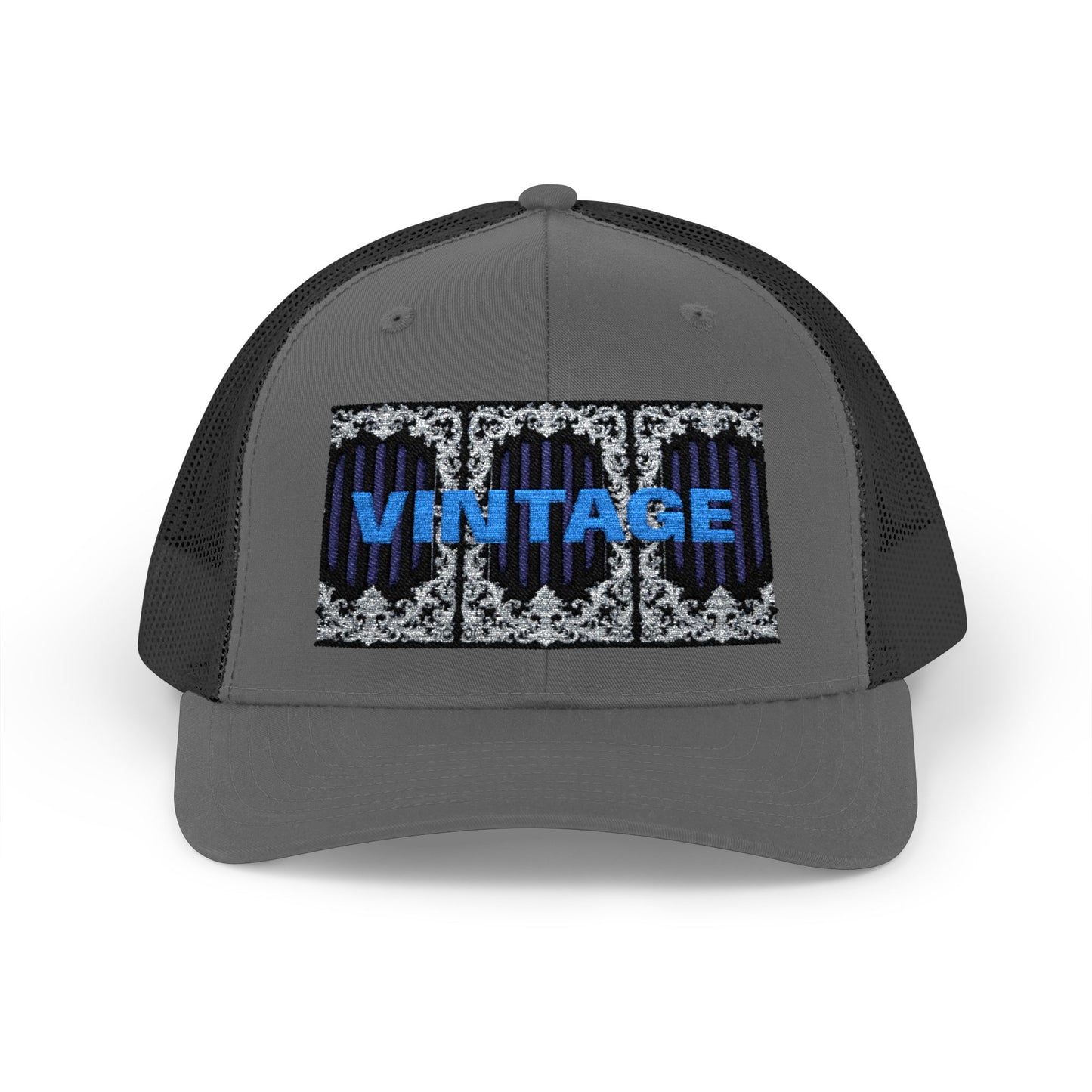 Vintage Navy Stripes & Baroque Trucker Cap — Retro 'VINTAGE' Embroidered Snapback