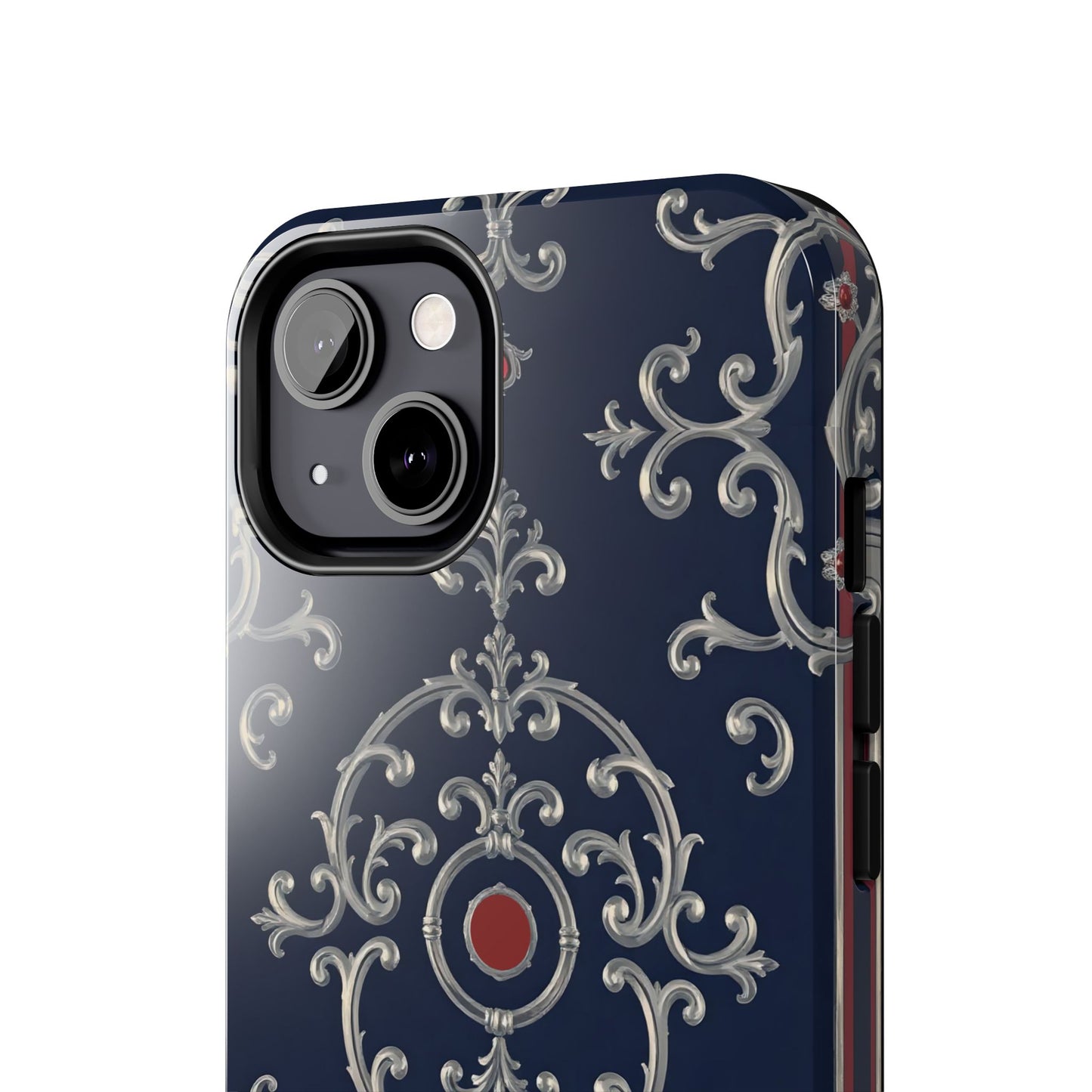 Elegant Patterned Tough Phone Cases for Stylish Protection, Gift for Her, Unique Accessories - Blue & Red Striped Silver Baroque
