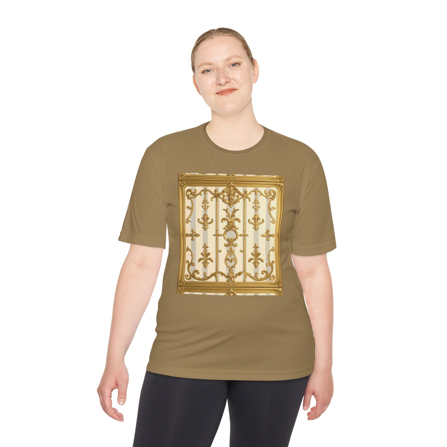 Elegant Gold Unisex Moisture Wicking Tee, Fashion Tee, Workout Shirt, Summer Style - Matte Gray & Cream Striped Gold Baroque