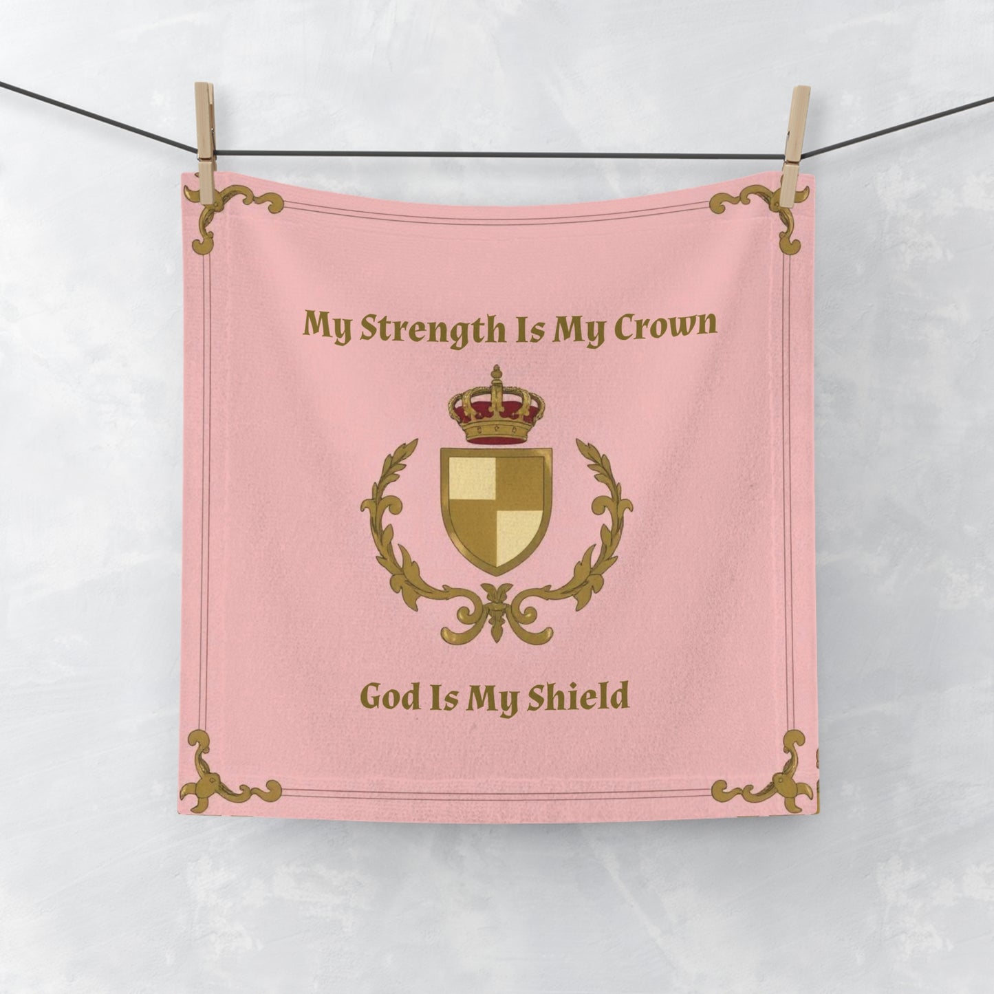 Crown & Crest Spiritual Quote Empowering Face Towel - "My Strength Is My Crown, God Is My Shield" Inspirational Gift, Motivational Décor, Prayer Towel