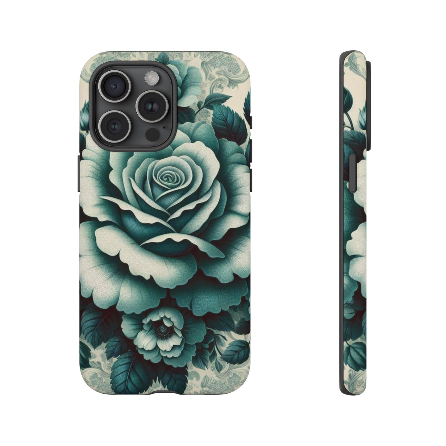 Elegant Floral Motif Phone Case - Tough Cases with Vintage Design - Teal Roses & Damask