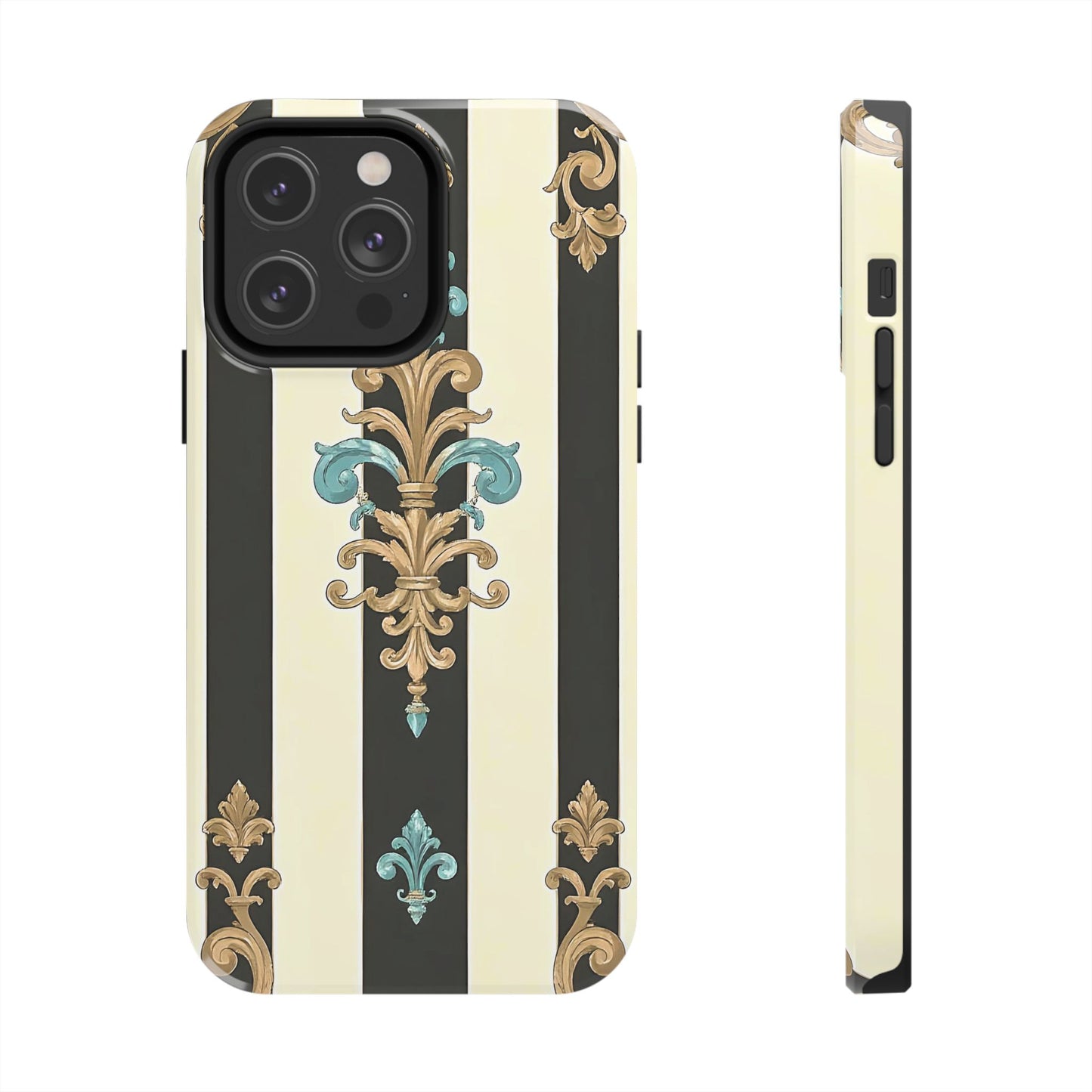 Elegant Vintage Tough Phone Cases, Stylish Phone Accessories, Quality Protection, Gifts for Her - Black Striped Turquoise & Black Rococo