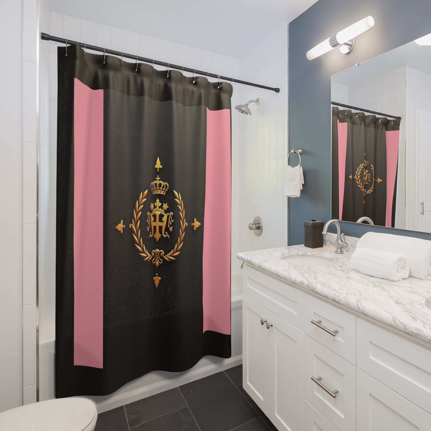 Elegant Crown Shower Curtain with Royal Motif, Chic Bathroom Decor, Luxury Home Accessories, Wedding Gift, Housewarming - Pink Striped Gold Crest