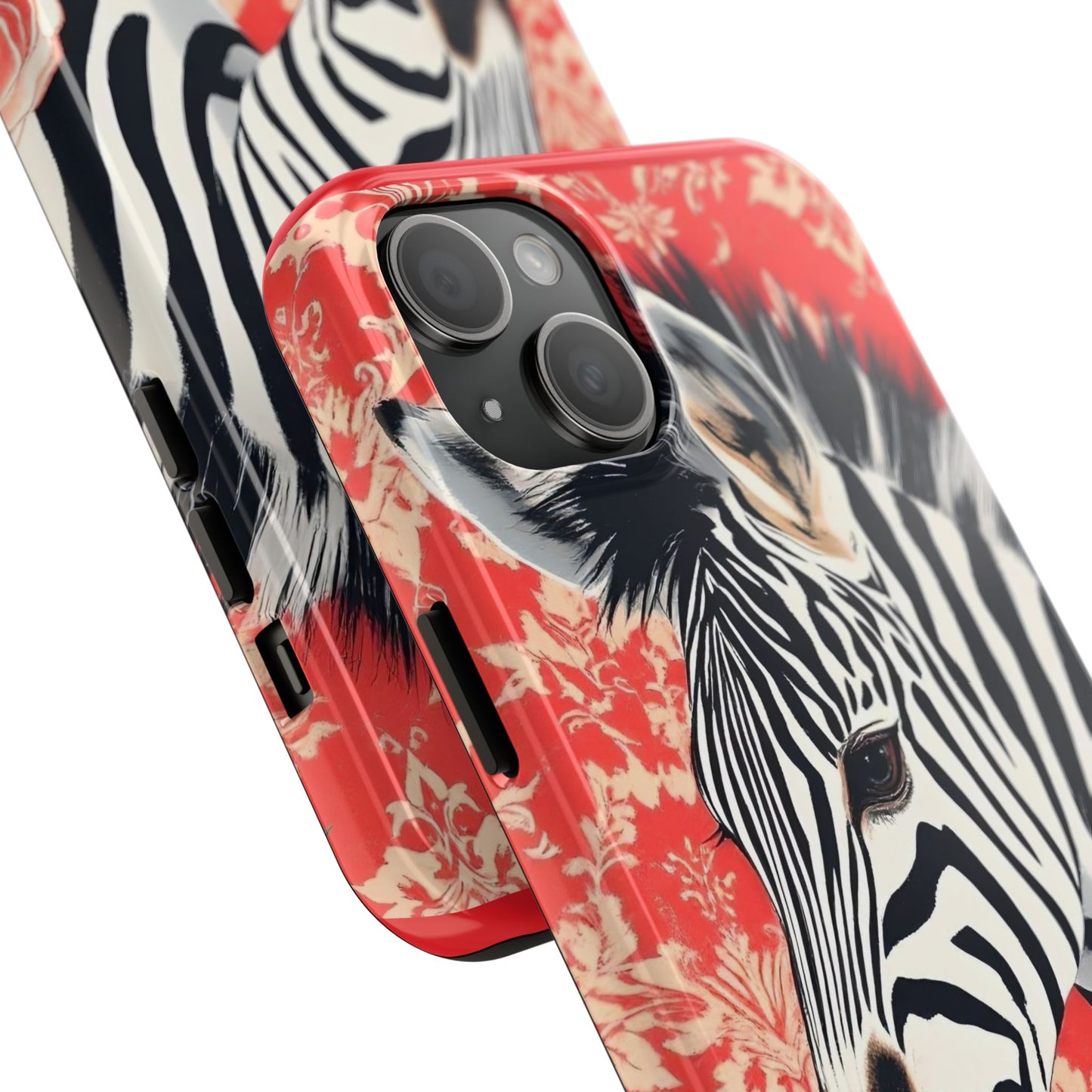 Zebra Tough Phone Case - Trendy Floral Design for Animal Lovers - Zebra With Coral Roses & Damask