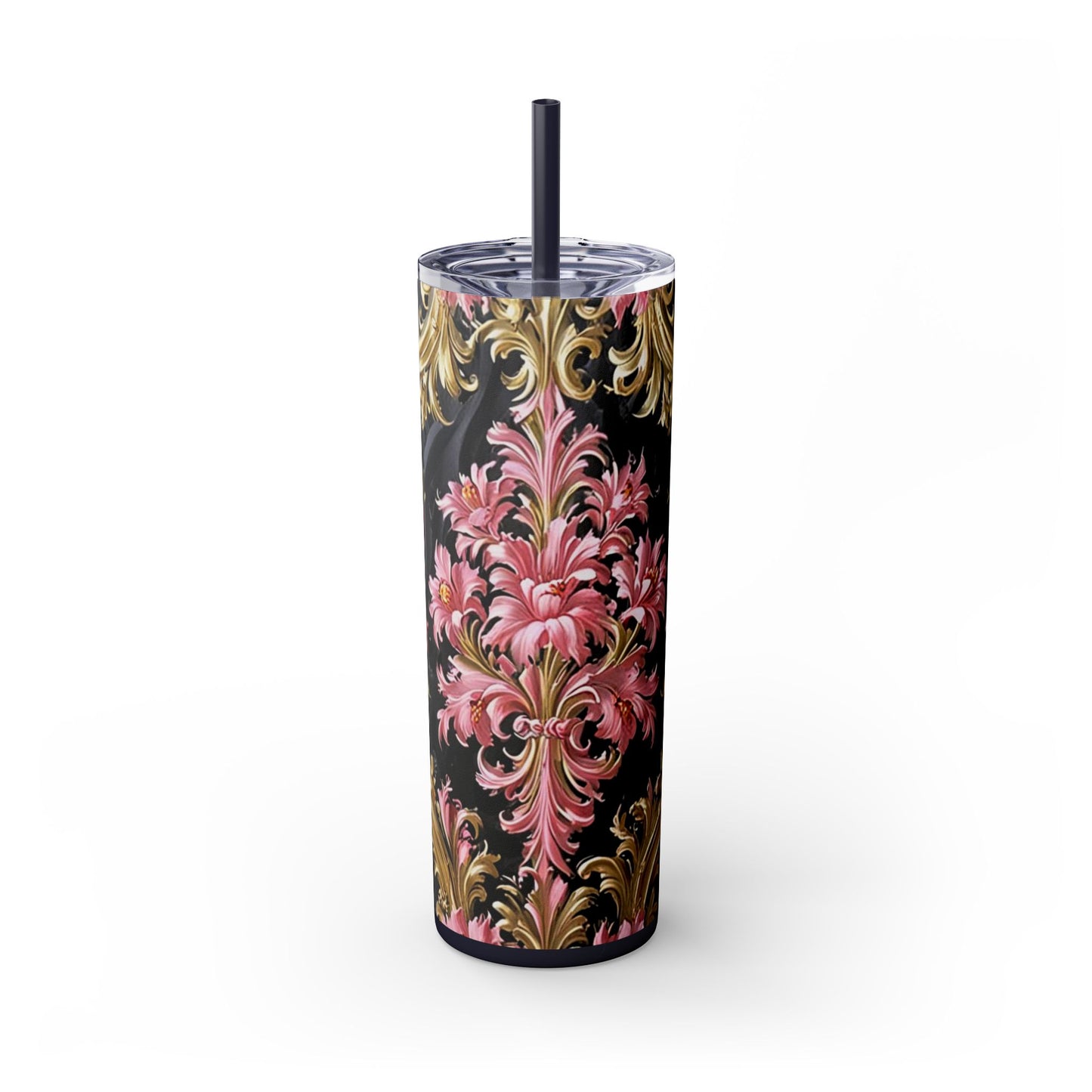 Chic Floral Skinny Tumbler with Straw, 20oz - Elegant Drinkware for Tea Lovers, Travel Mugs, Gifts for Her - Black & Pink Oil Painting Style Rococo