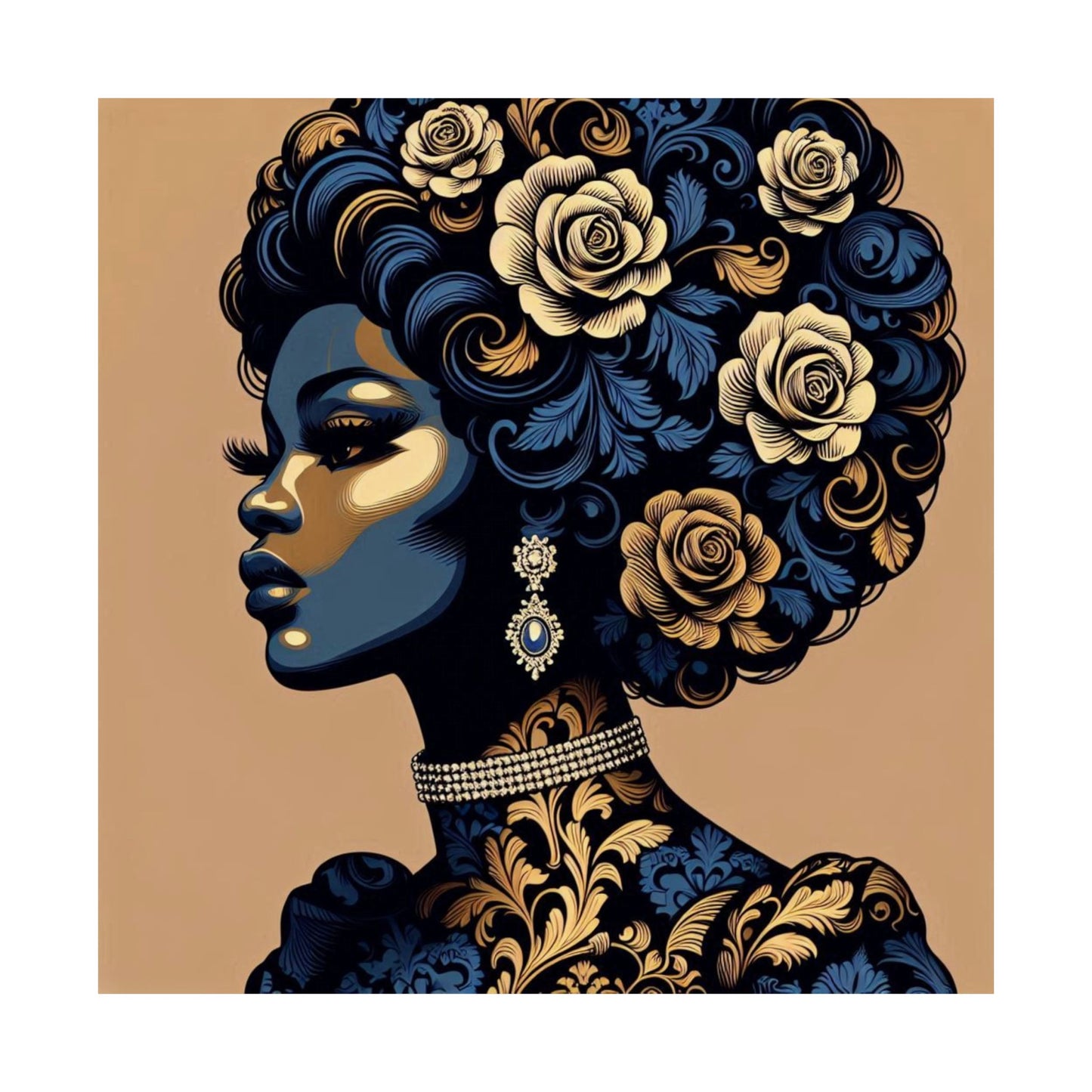 Floral Art Poster - Elegant Matte Vertical Wall Decor - Blue Damask Lady
