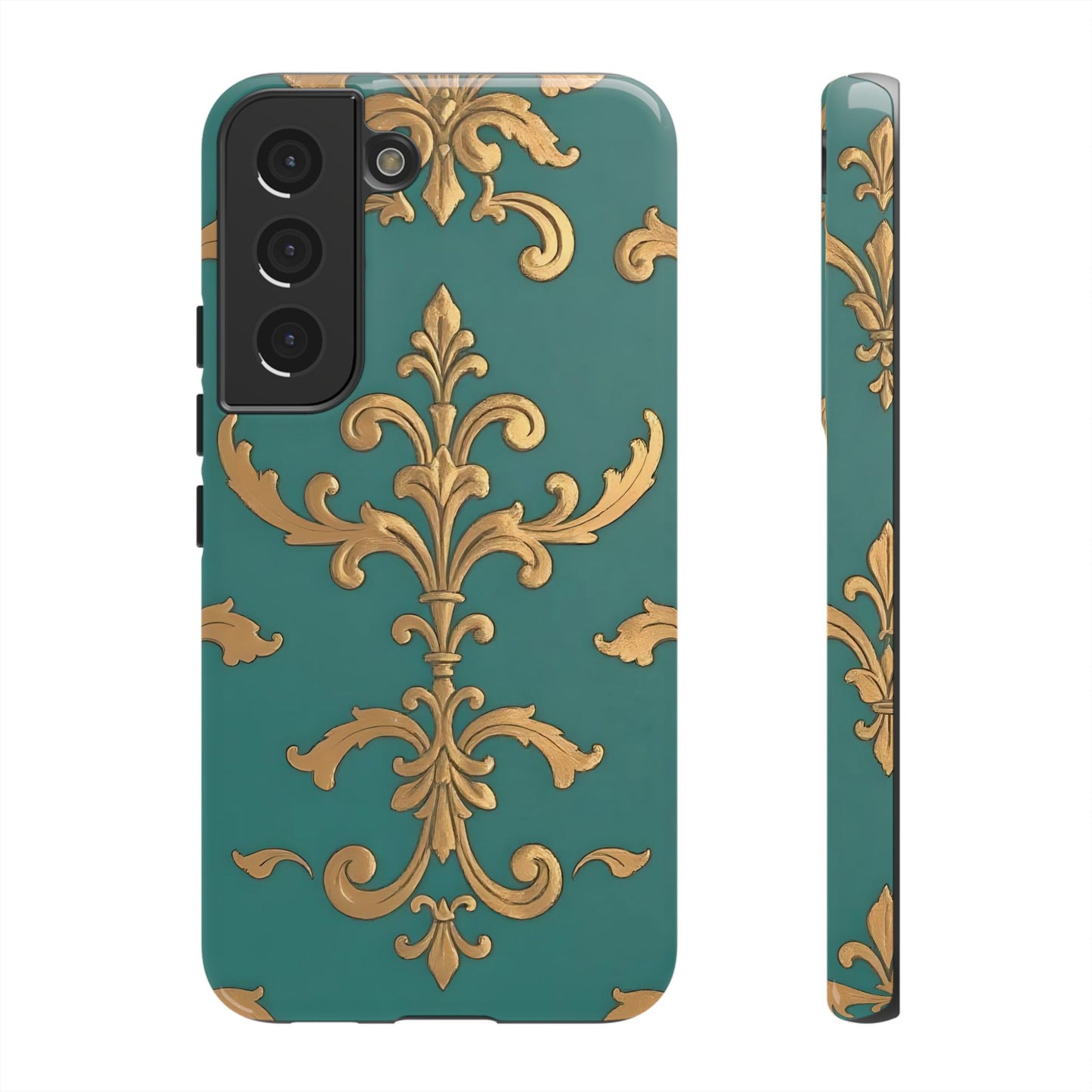 Elegant Floral Motif Phone Case - Tough Cases with Vintage Design - Aqua & Gold Damask