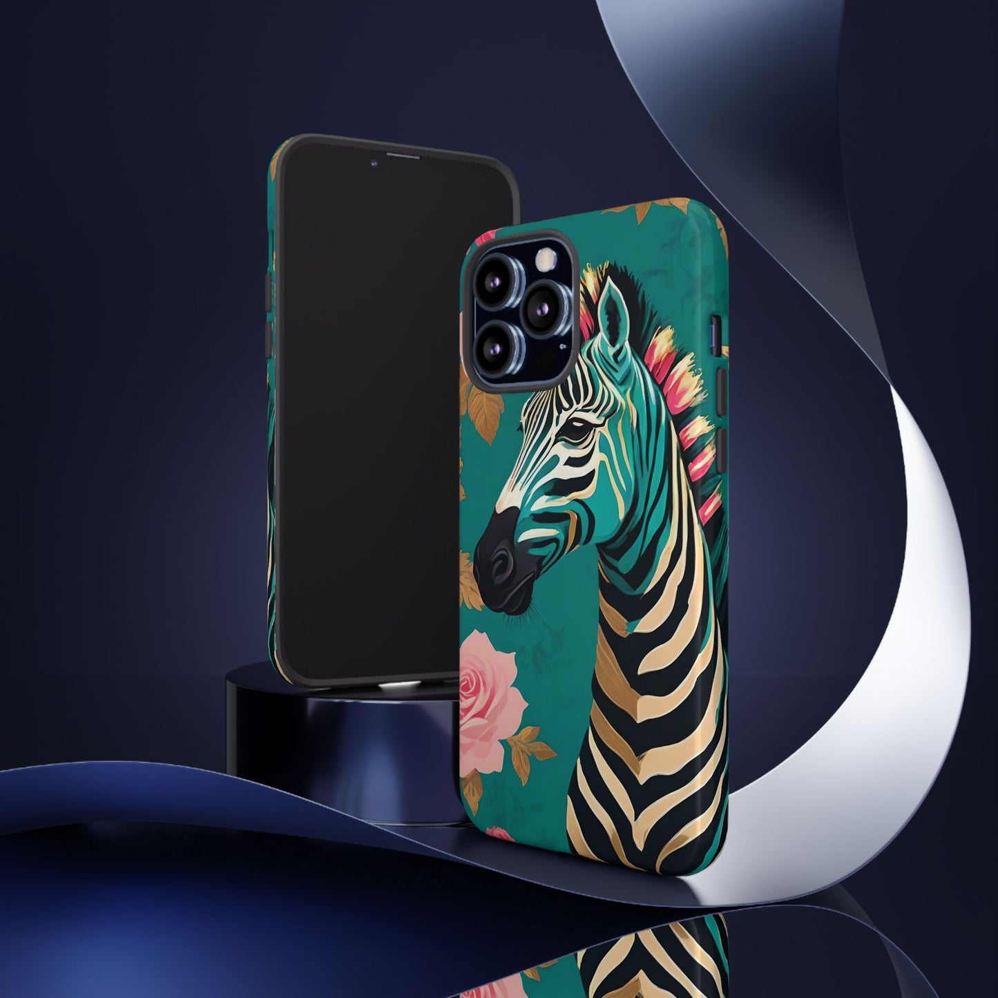 Phone Case - Elegant Teal & Gold Zebra & Roses Design