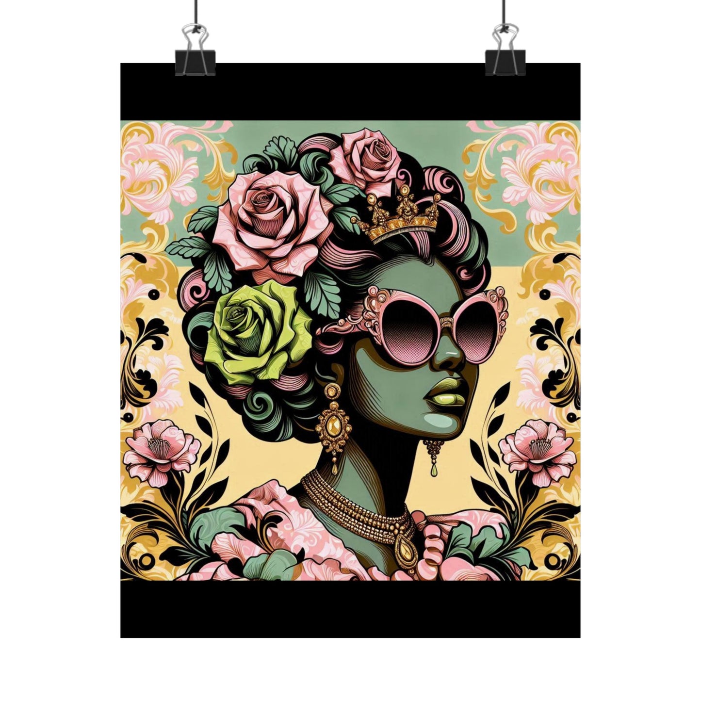 Floral Afro Art Poster - Elegant Matte Vertical Wall Decor - Mint Green Lady With Damask & Roses
