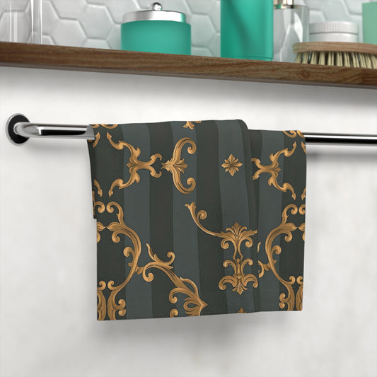 Elegant Vintage Face Towel - Luxurious Floral Design for Home Decor - Gray Striped Baroque