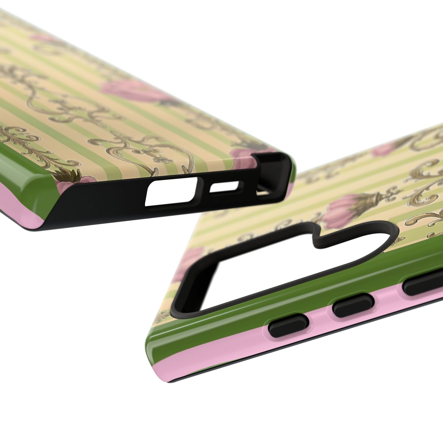 Elegant Floral Motif Phone Case - Tough Cases with Vintage Design - Lime Green & Pink Striped Damask