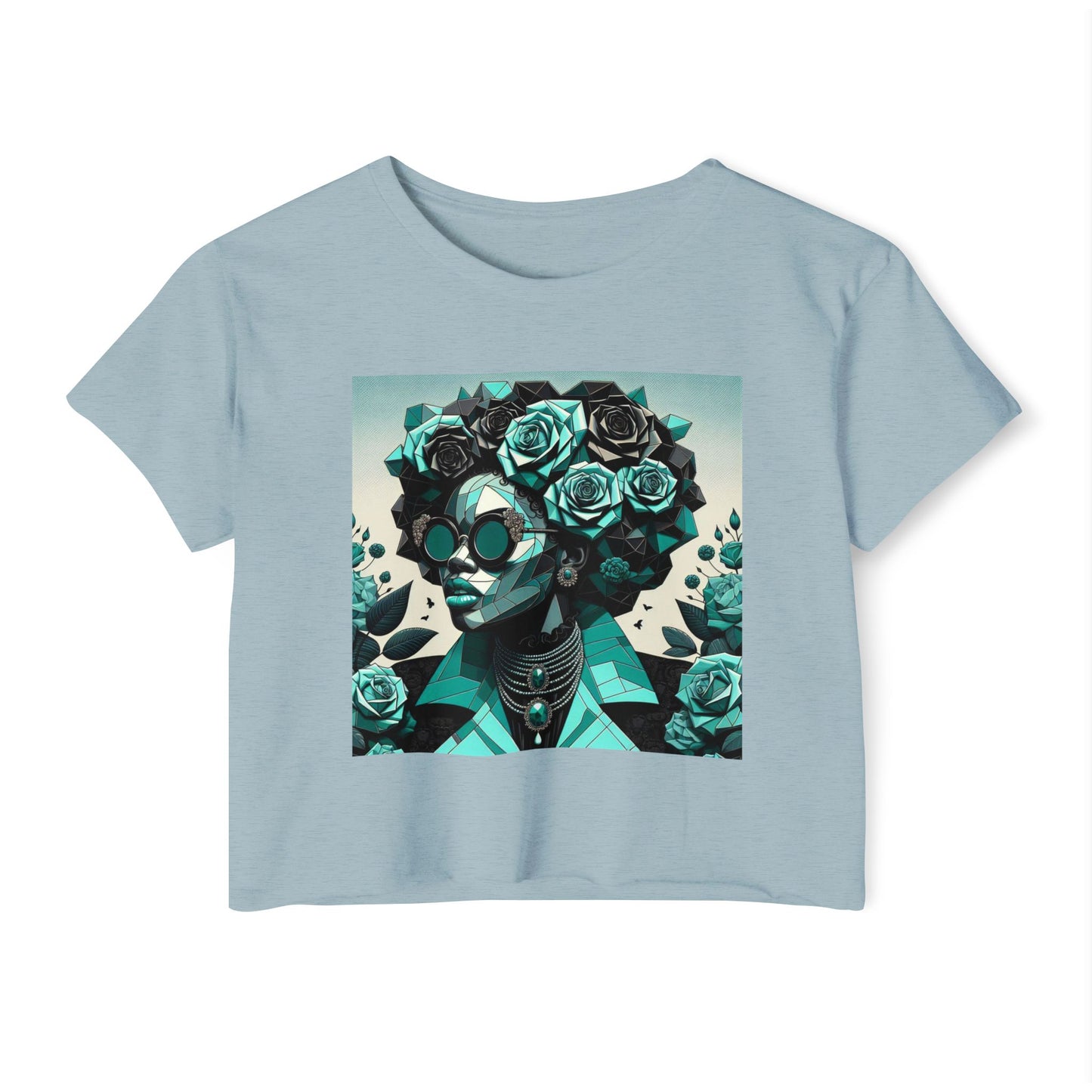 Women's Festival Crop Top with Artistic Floral Design, Boho Clothing, Trendy Summer Style, Perfect for Music Festivals - Turquoise & Black Roses Lady