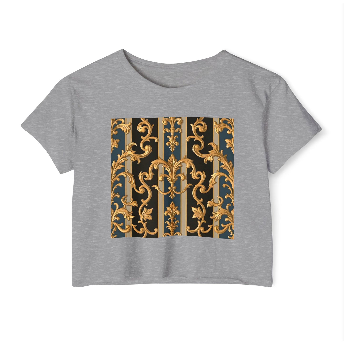 Women’s Festival Crop Top with Stylish Floral Pattern - Summer Outfit, Boho Chic, Concert Wear - Blue & Black Striped Rococo