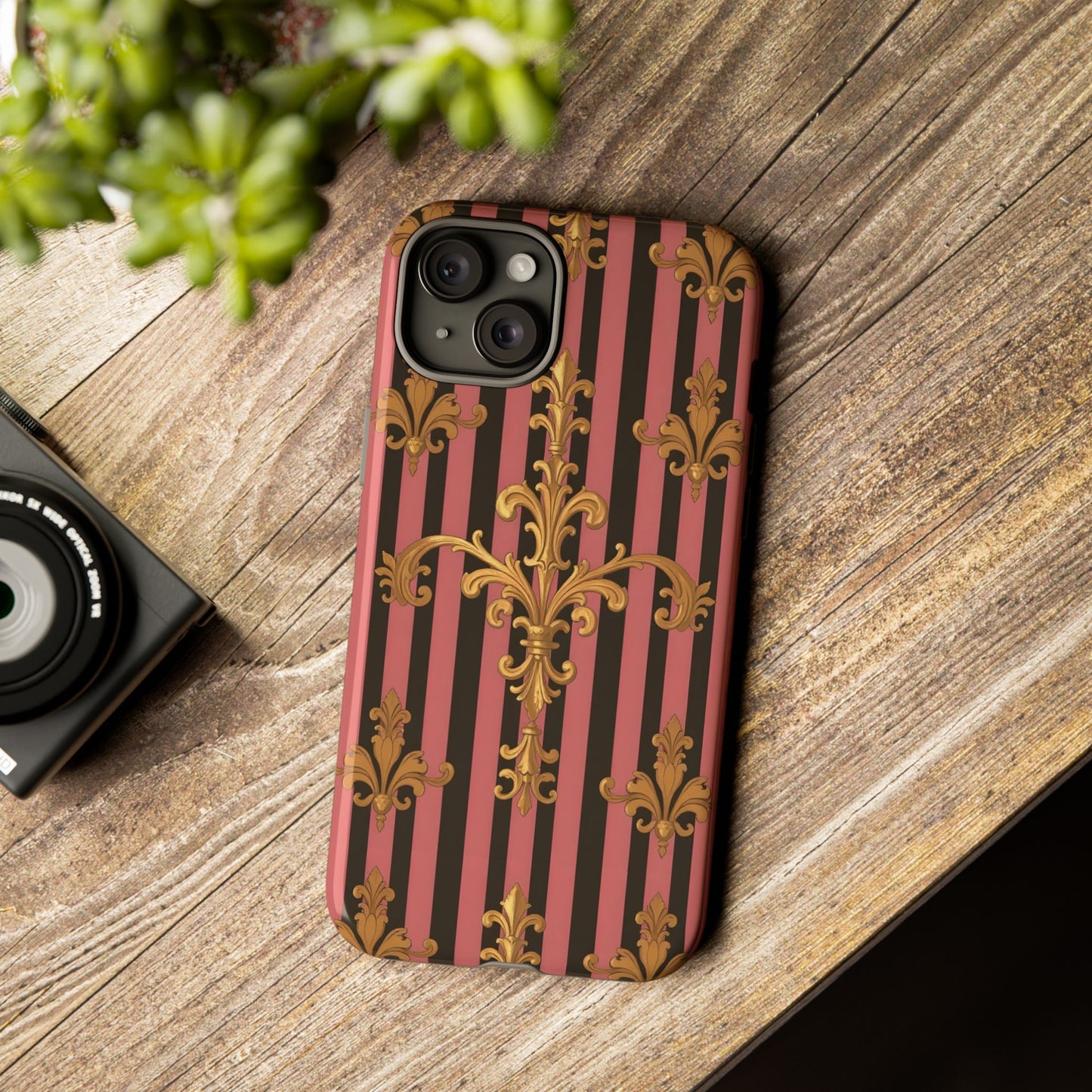 Elegant Floral Motif Phone Case - Tough Cases with Vintage Design - Mauve Striped Gold Damask